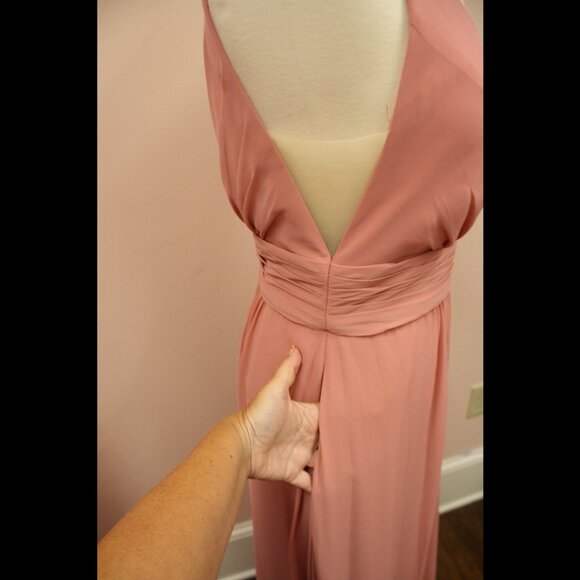 Long Dusty Rose Chiffon Bridesmaid Dress. Deep V. Pockets. Size 12 - Picture 6 of 8